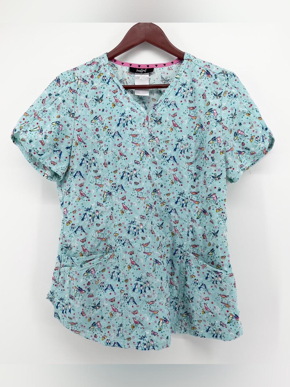 HeartSoul Medium HS643 Embroidered Birds Butterflies Mock Wrap V Neck Scrub Top